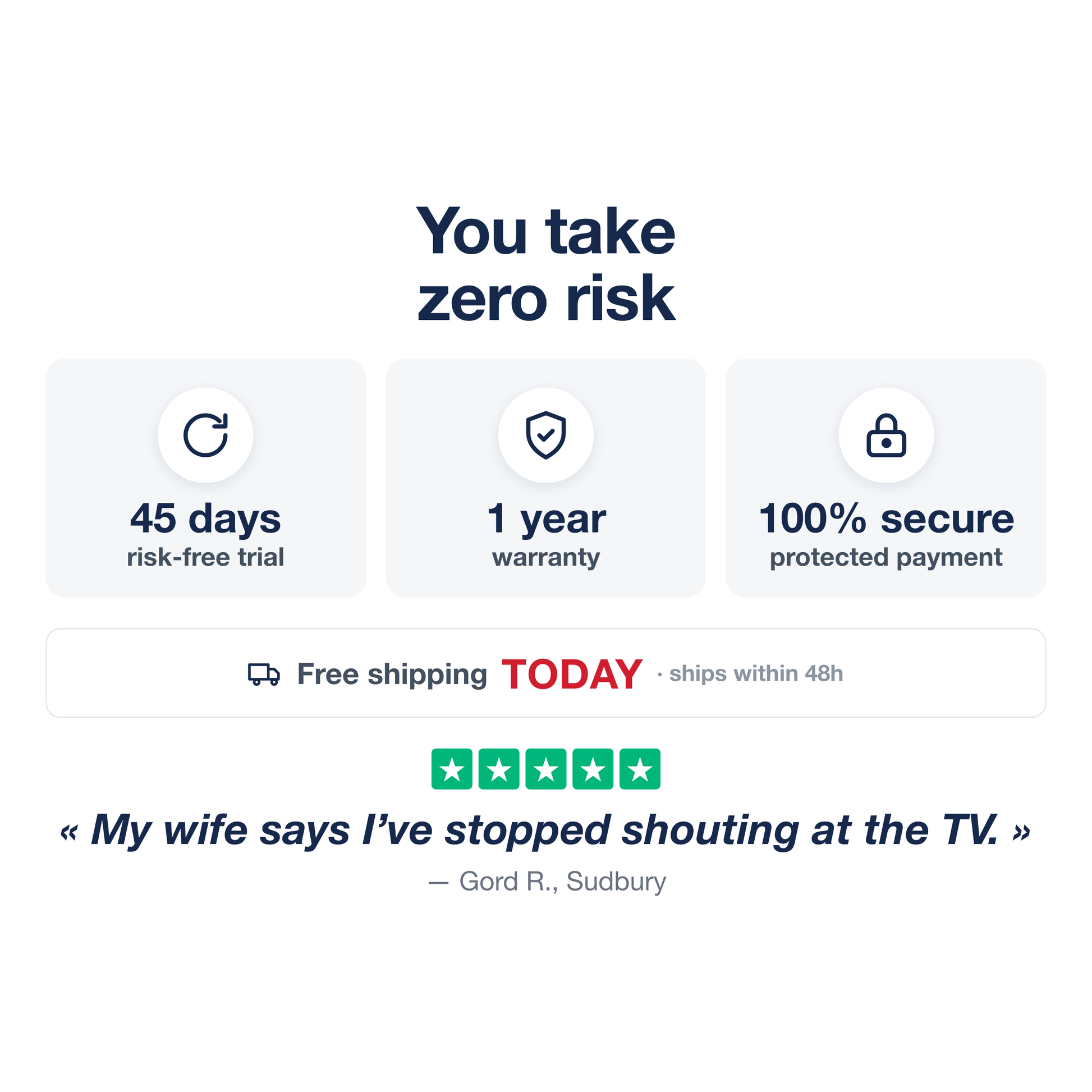 Zero risk — 45-day trial, 1-year warranty, secure payment